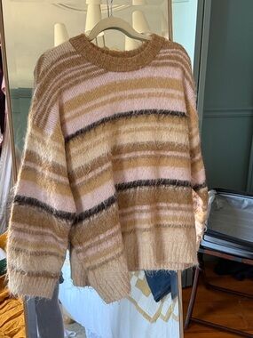 Women’s Fuzzy Striped Crewneck Sweater - Pink & Tan